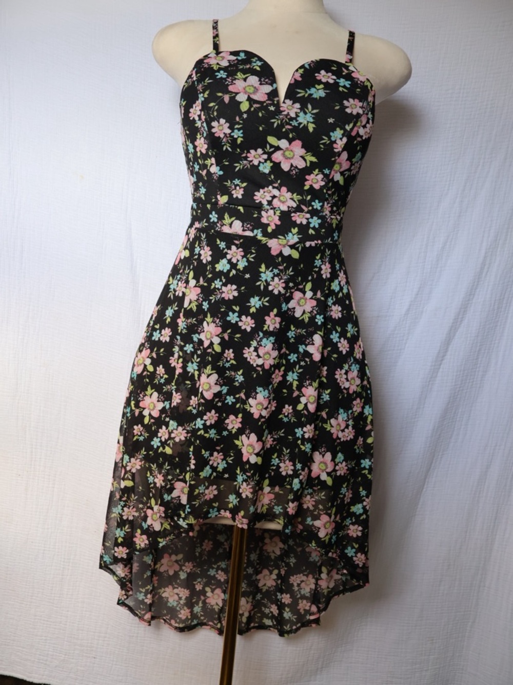 No Boundaries Black High-Low Floral Dress with Pink and Green Flowers
